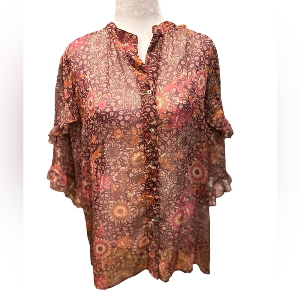 Johnny Was floral ruffle sleeve blouse size XL